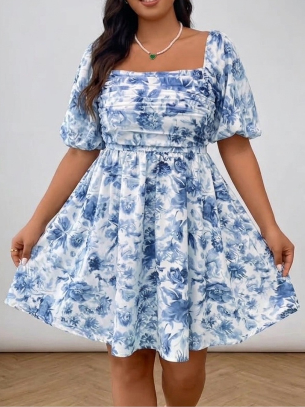 Ruched Blue & White Floral Square Neck Puff Sleeve Mini Dress Size 1XL